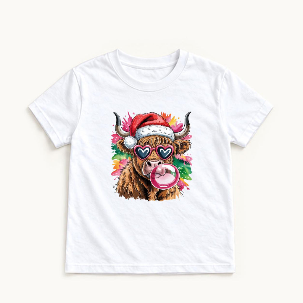 Highland Cow Christmas Bubblegum — garment mockup or size chart