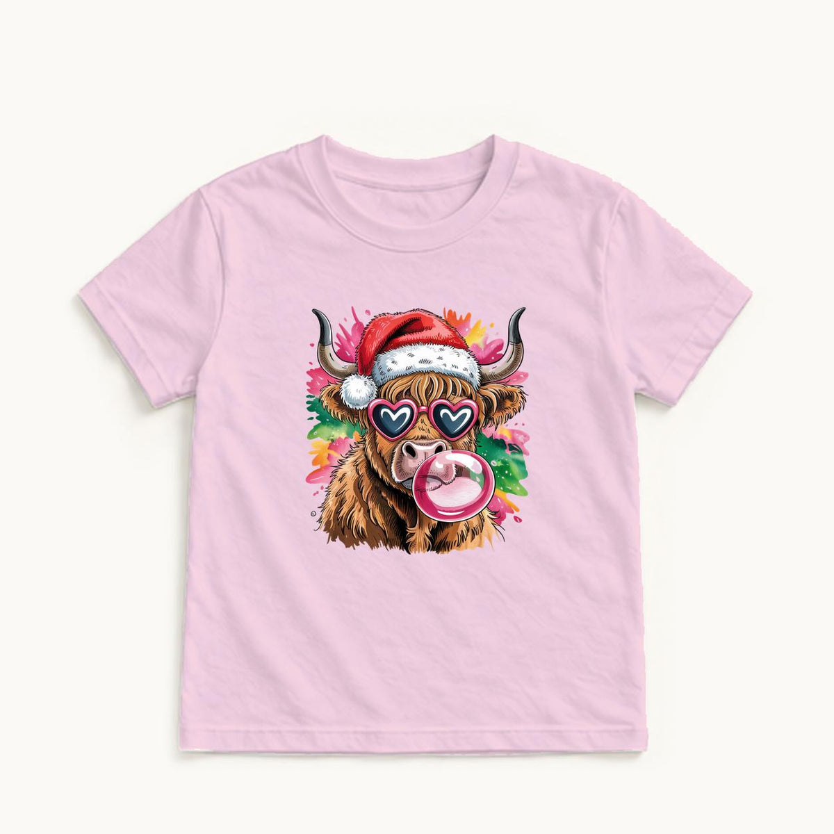 Highland Cow Christmas Bubblegum — garment mockup or size chart
