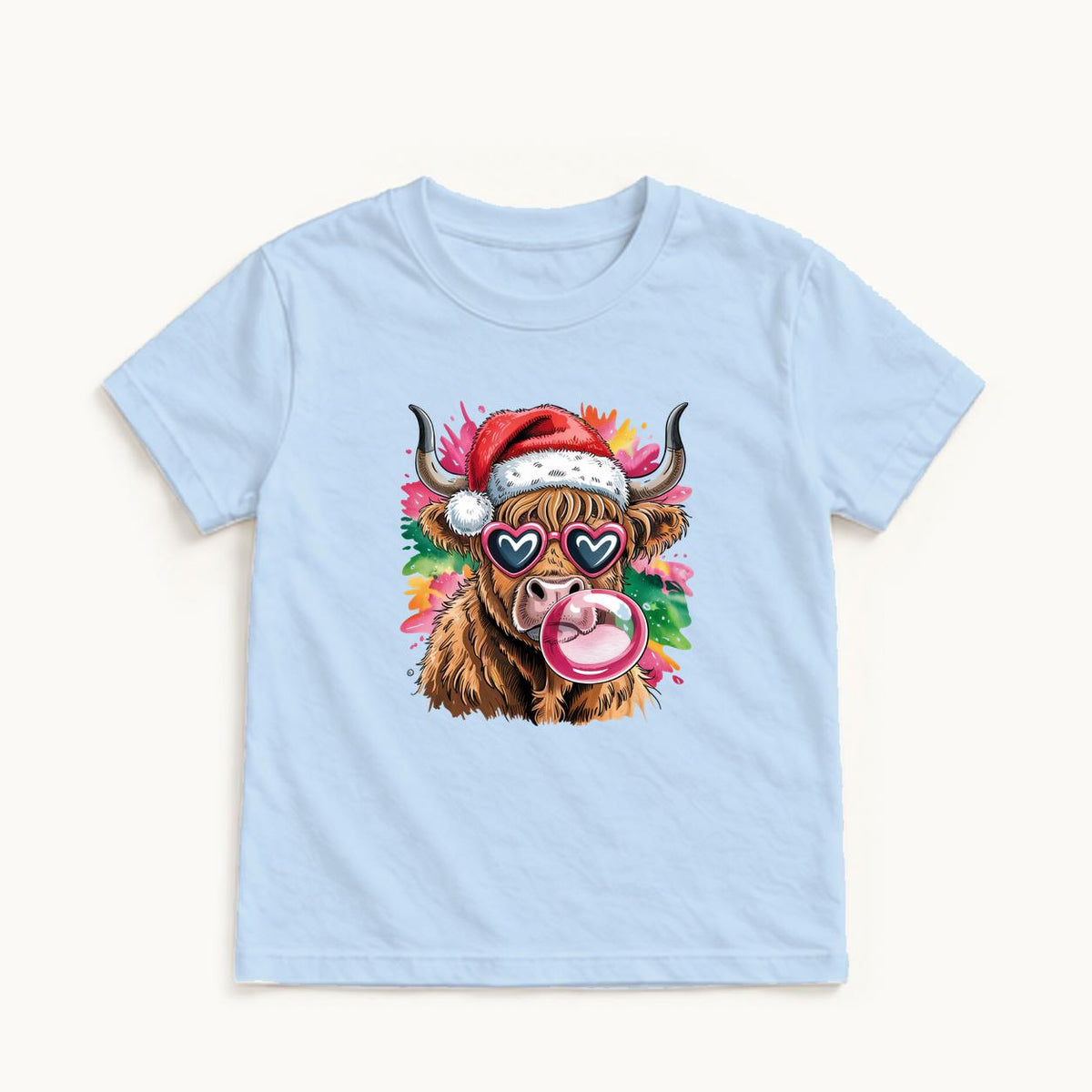 Highland Cow Christmas Bubblegum — garment mockup or size chart