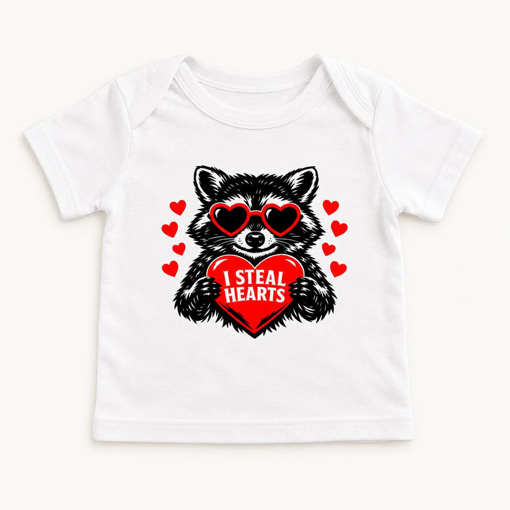 I Steal Hearts Raccoon — garment mockup or size chart