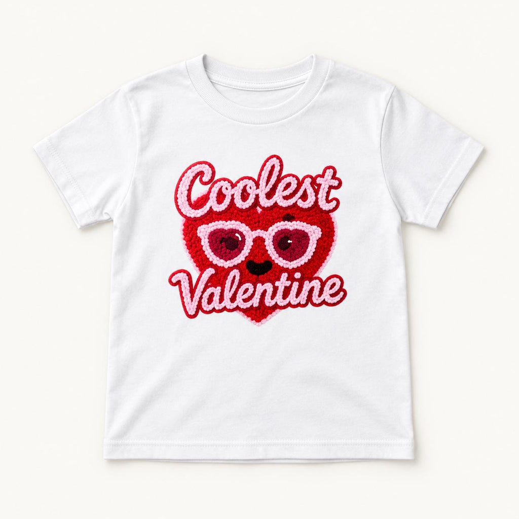 Coolest Valentine — Heart Sunglasses Faux Yarn Print — garment mockup or size chart