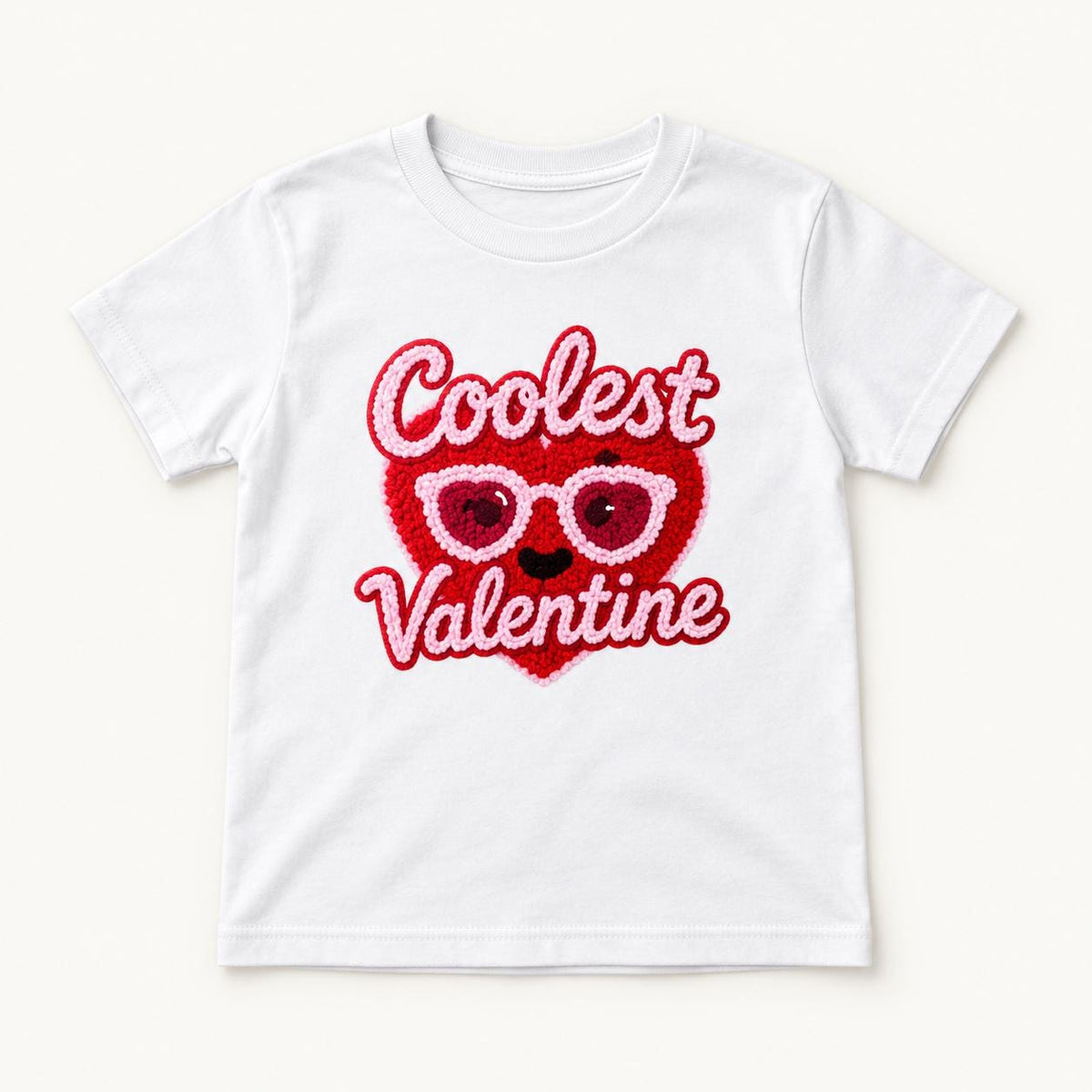Coolest Valentine — Heart Sunglasses Faux Yarn Print — garment mockup or size chart