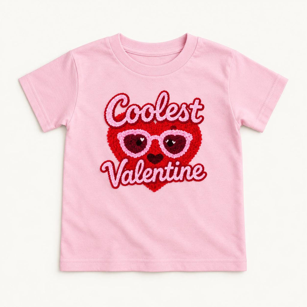 Coolest Valentine — Heart Sunglasses Faux Yarn Print — garment mockup or size chart