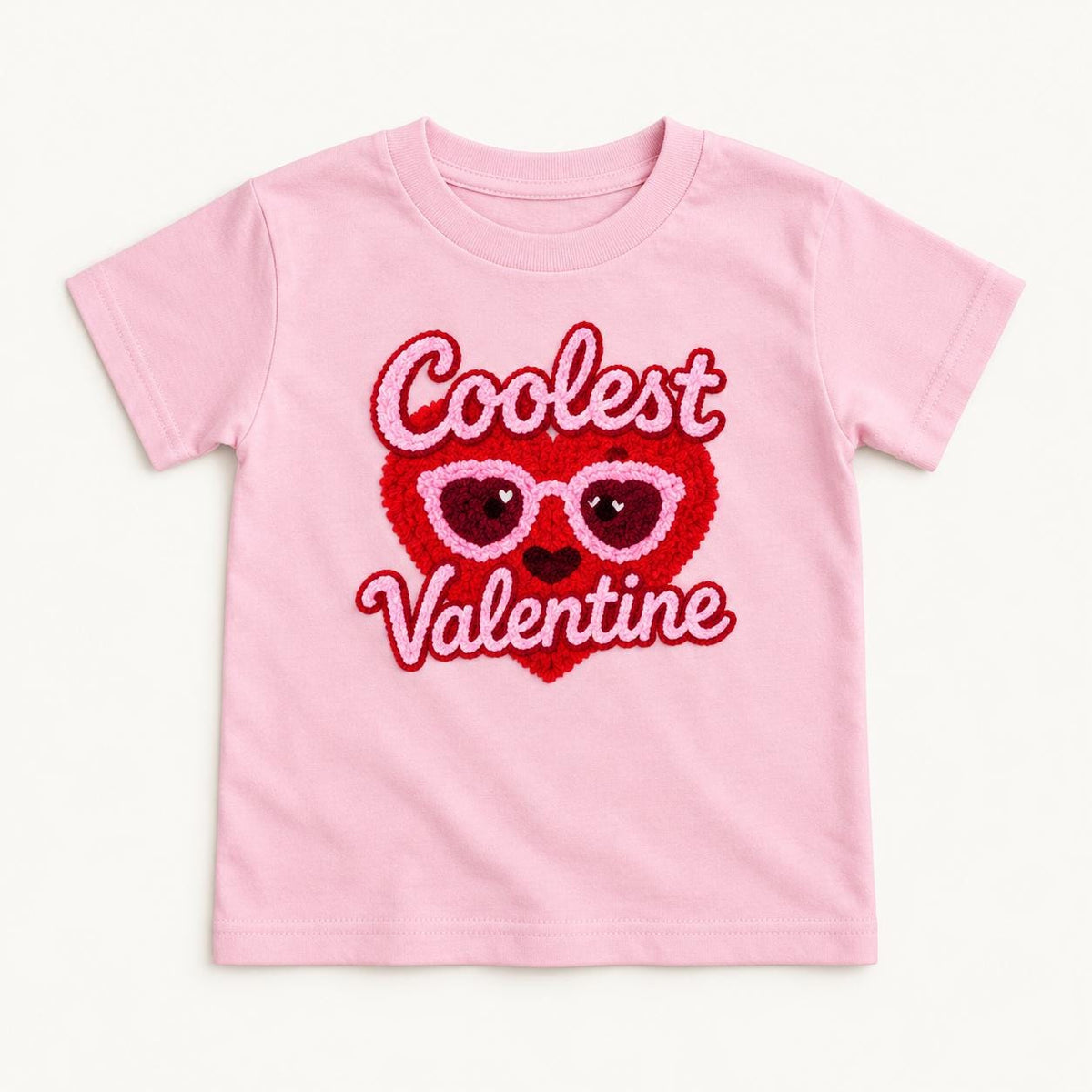 Coolest Valentine — Heart Sunglasses Faux Yarn Print — garment mockup or size chart