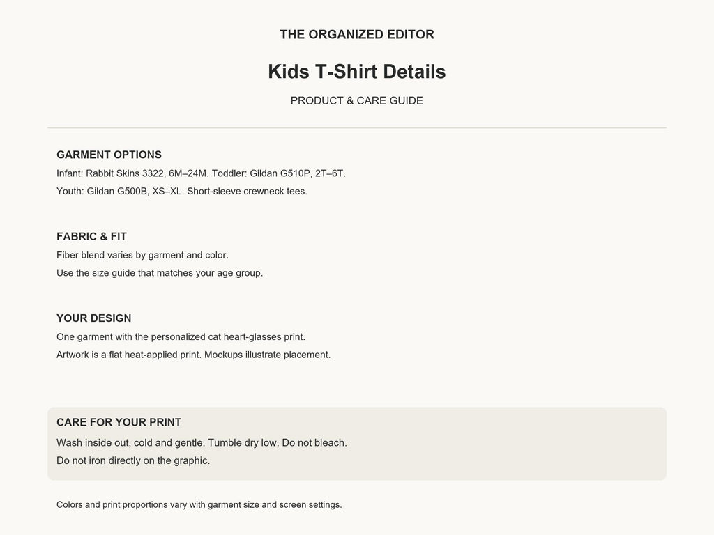 Personalized Cat Heart Glasses — garment mockup or size chart