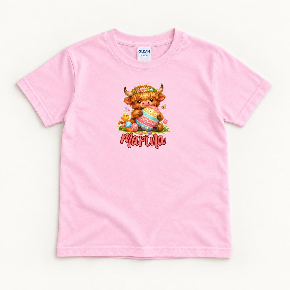 Personalized Easter Egg Highland Cow — garment mockup or size chart