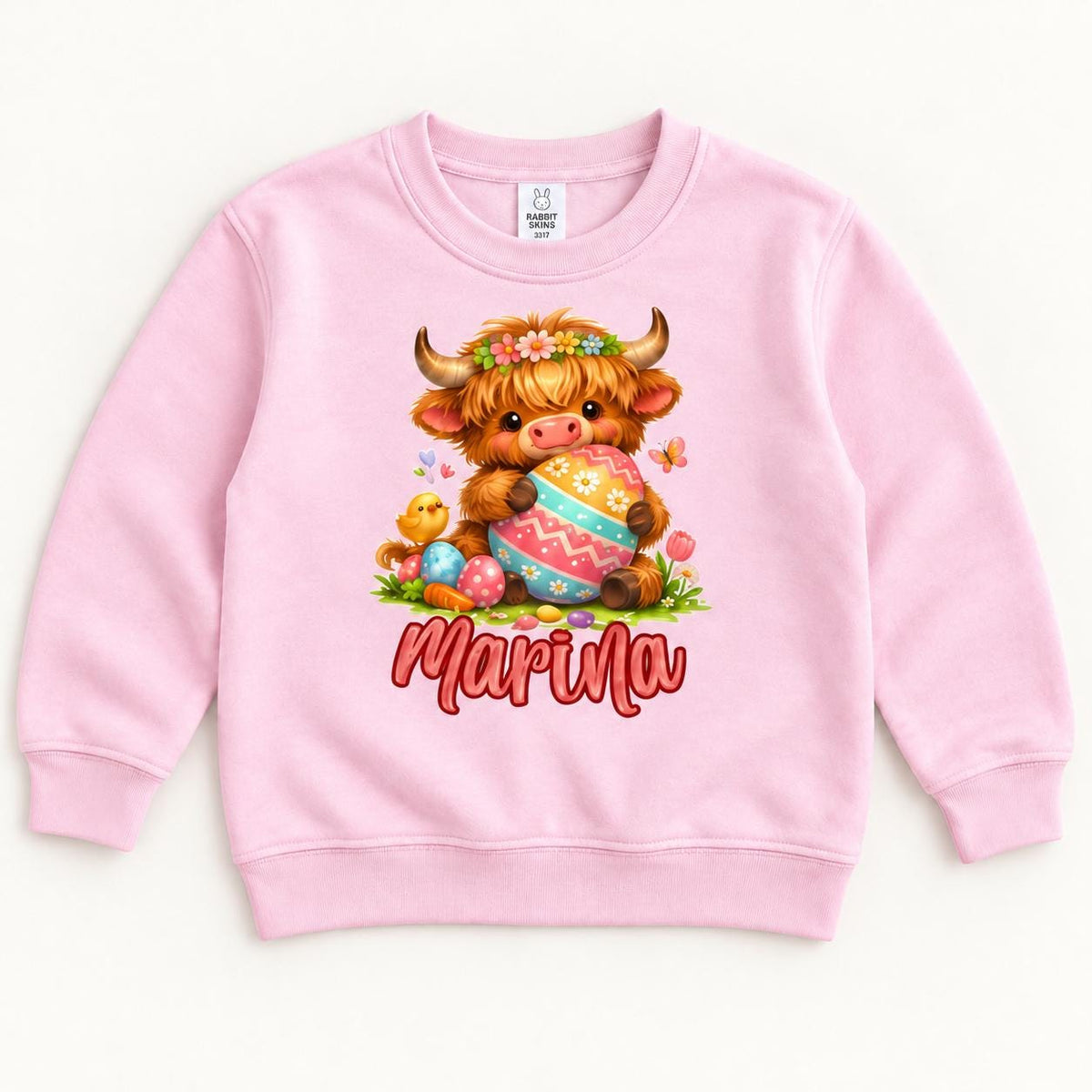 Personalized Easter Egg Highland Cow — garment mockup or size chart