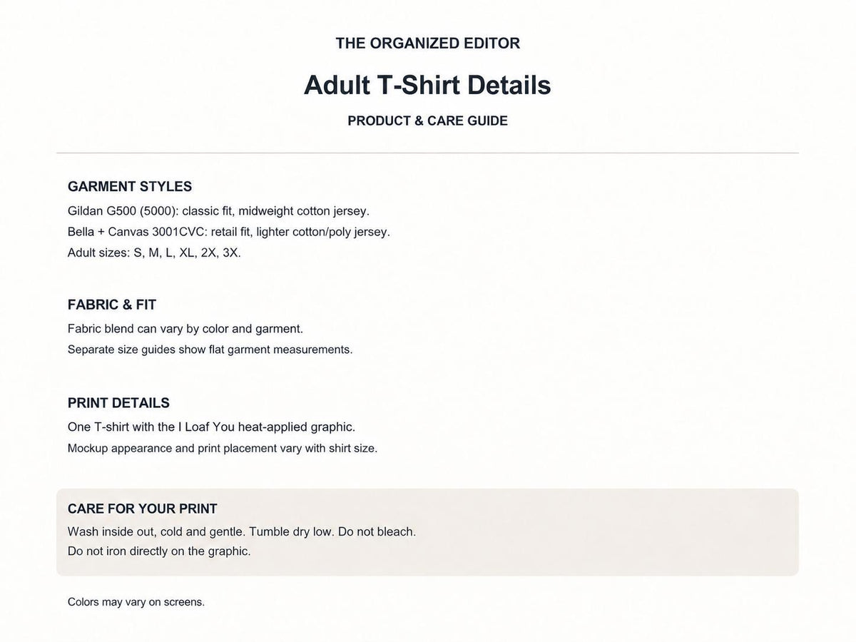 I Loaf You So Much — garment mockup or size chart