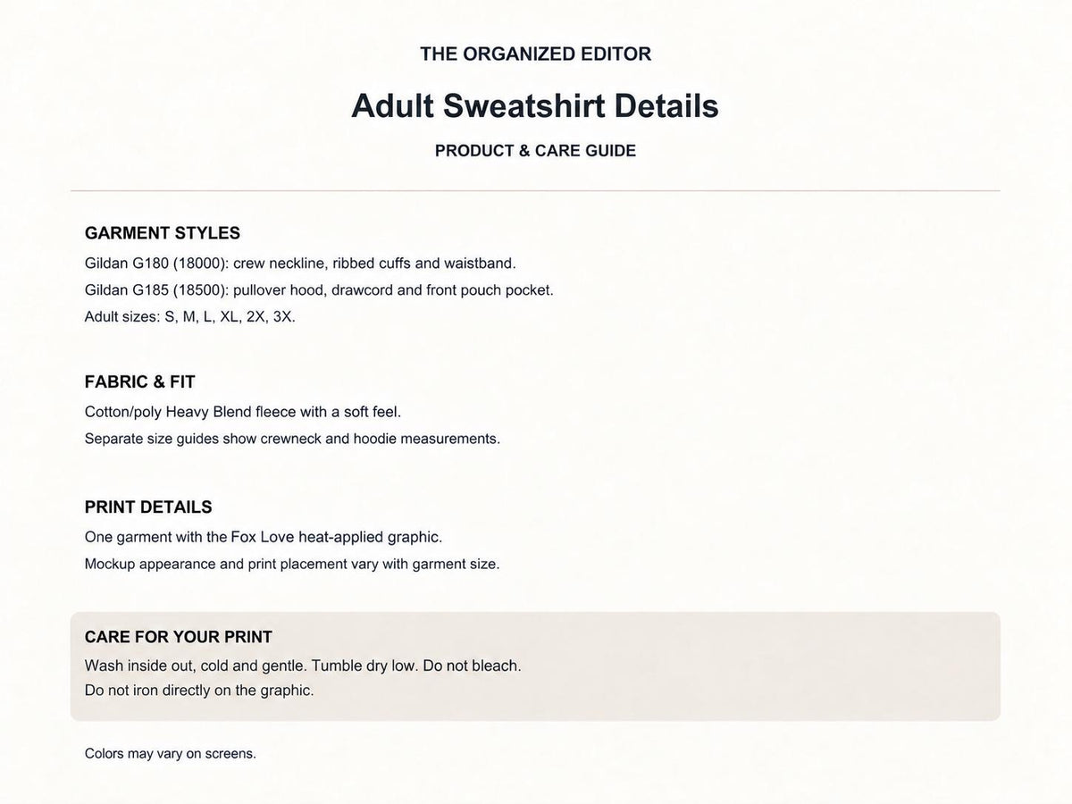 Fox Love — garment mockup or size chart