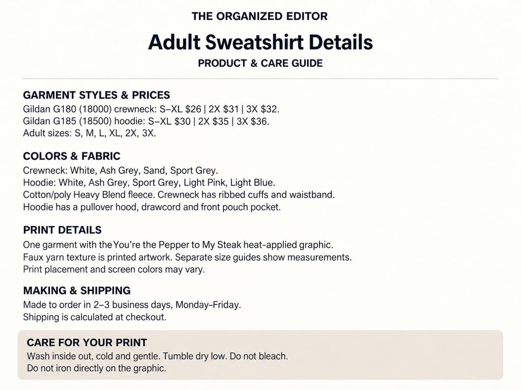 You're the Pepper to My Steak — garment mockup or size chart