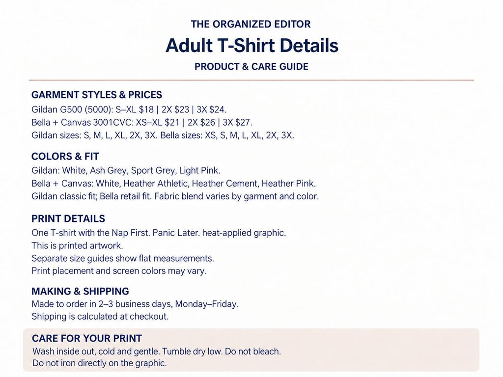 Nap First Panic Later Goose — garment mockup or size chart