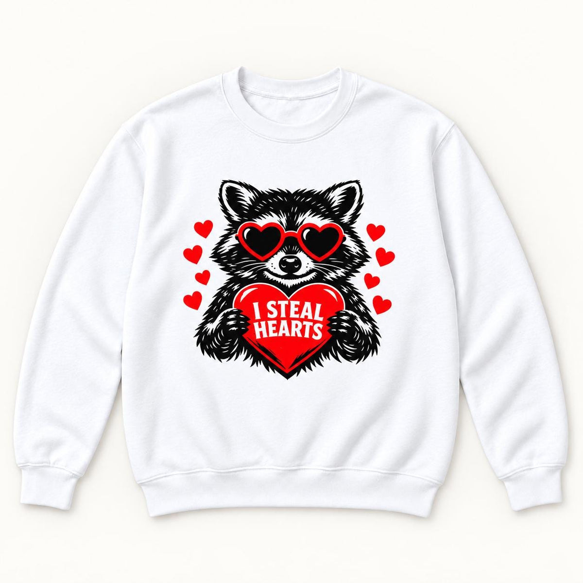 I Steal Hearts Raccoon — garment mockup or size chart