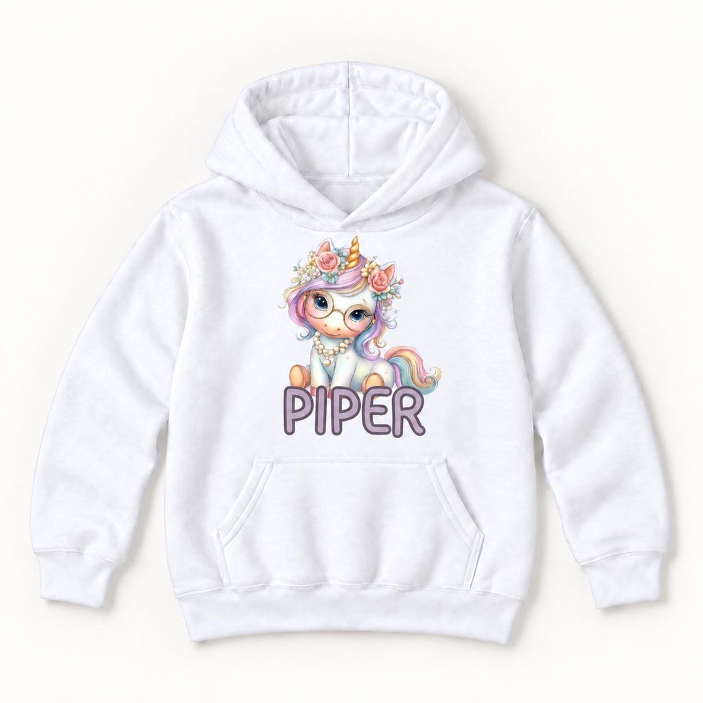 Personalized Unicorn — Pastel Seated Unicorn with Glasses — garment mockup or size chart
