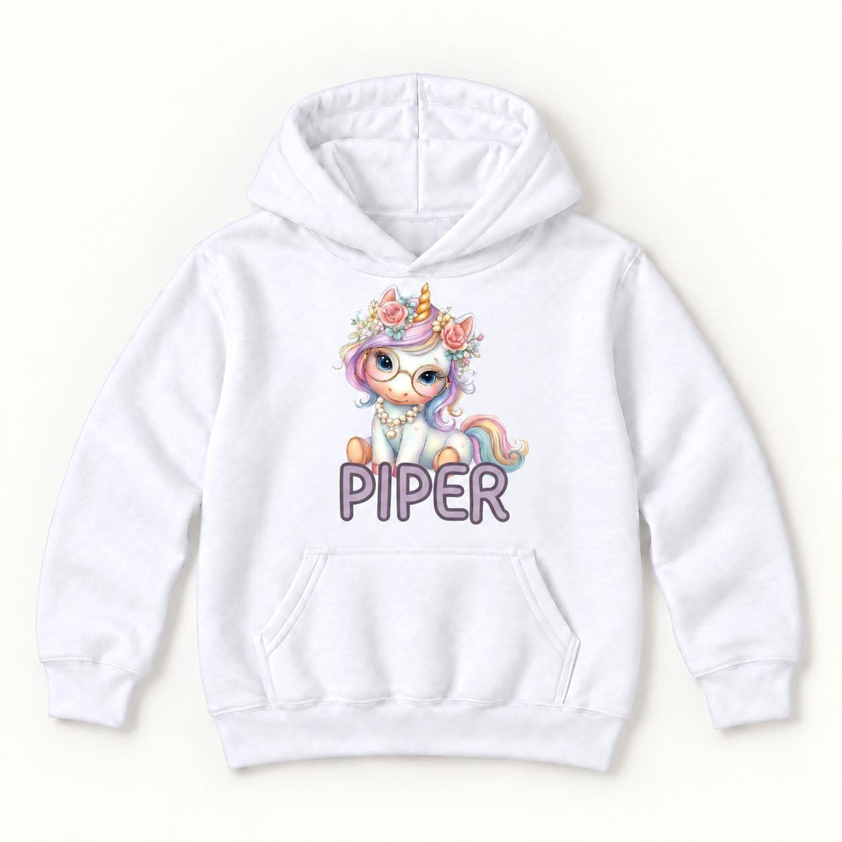 Personalized Unicorn — Pastel Seated Unicorn with Glasses — garment mockup or size chart
