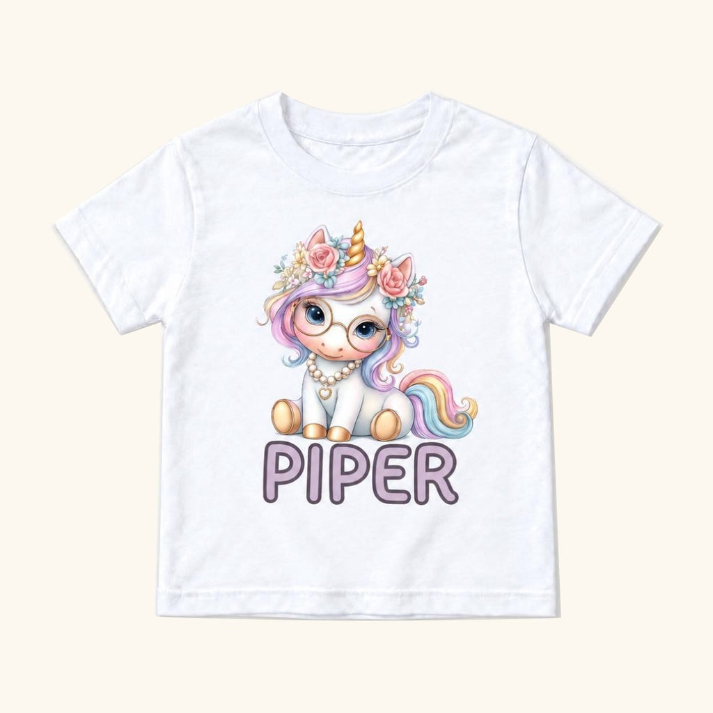 Personalized Unicorn — Pastel Seated Unicorn with Glasses — garment mockup or size chart