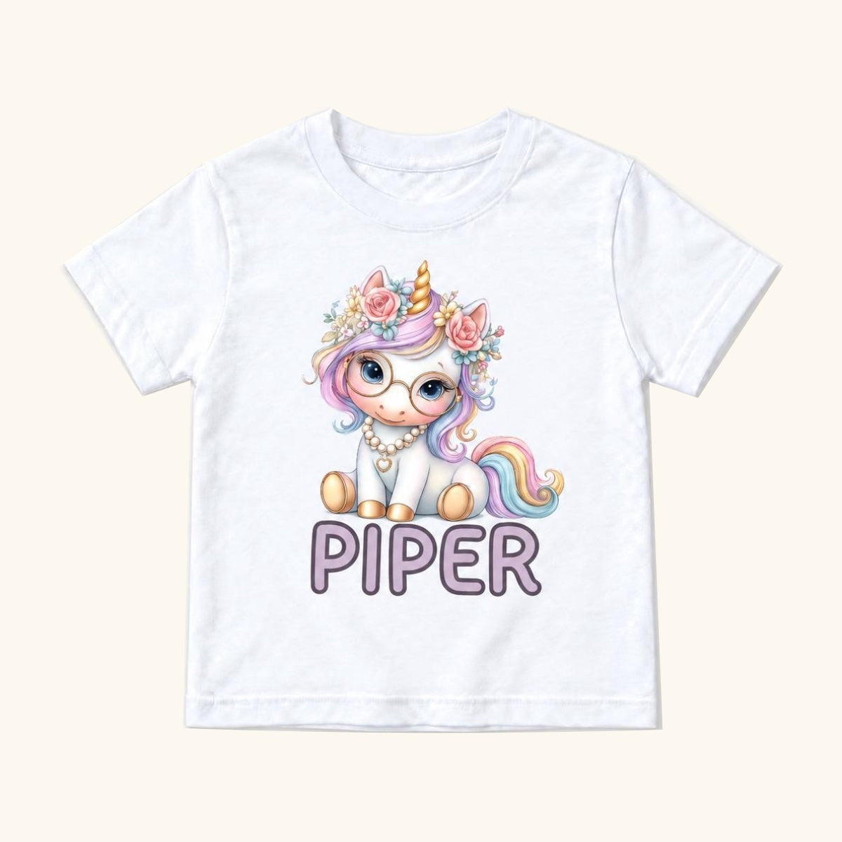 Personalized Unicorn — Pastel Seated Unicorn with Glasses — garment mockup or size chart