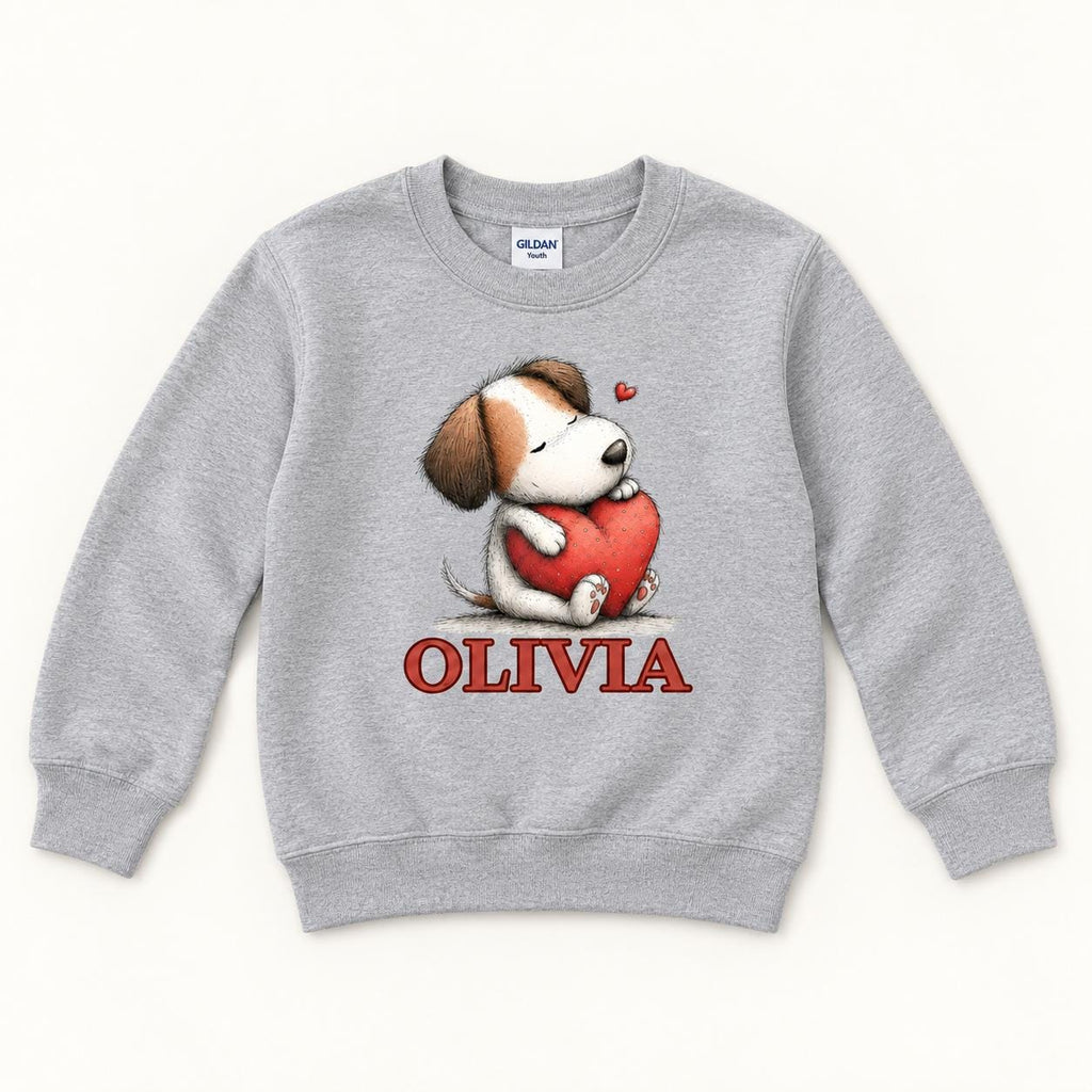 Personalized Puppy — Dog Hugging Red Heart Valentine — garment mockup or size chart