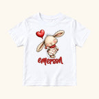 Personalized Bunny — Rabbit with Red Heart Balloon Valentine — garment mockup or size chart