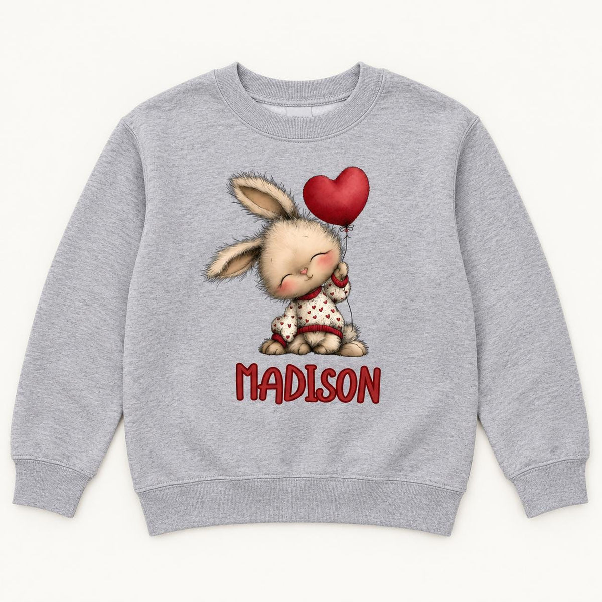 Personalized Bunny — Seated Rabbit with Red Heart Balloon — garment mockup or size chart