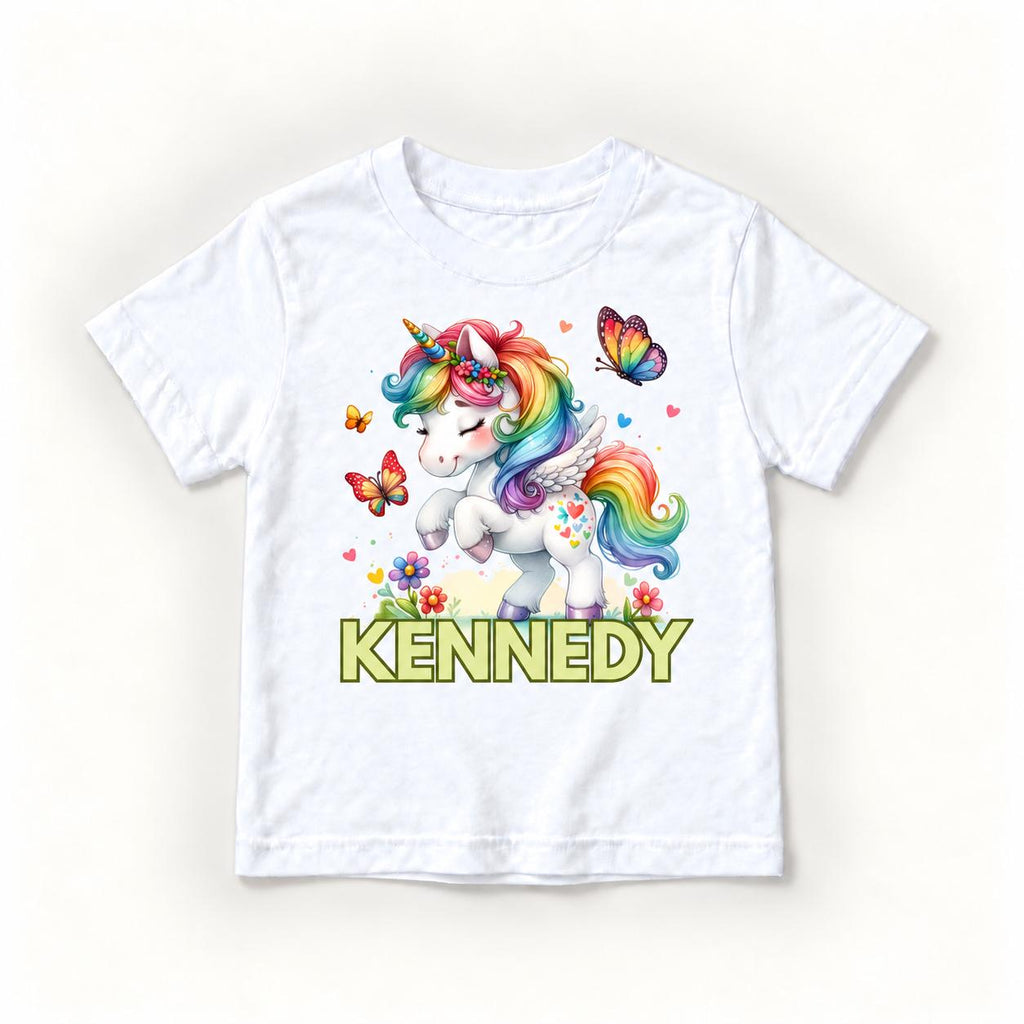 Personalized Unicorn — Rainbow Unicorn with Butterflies — garment mockup or size chart