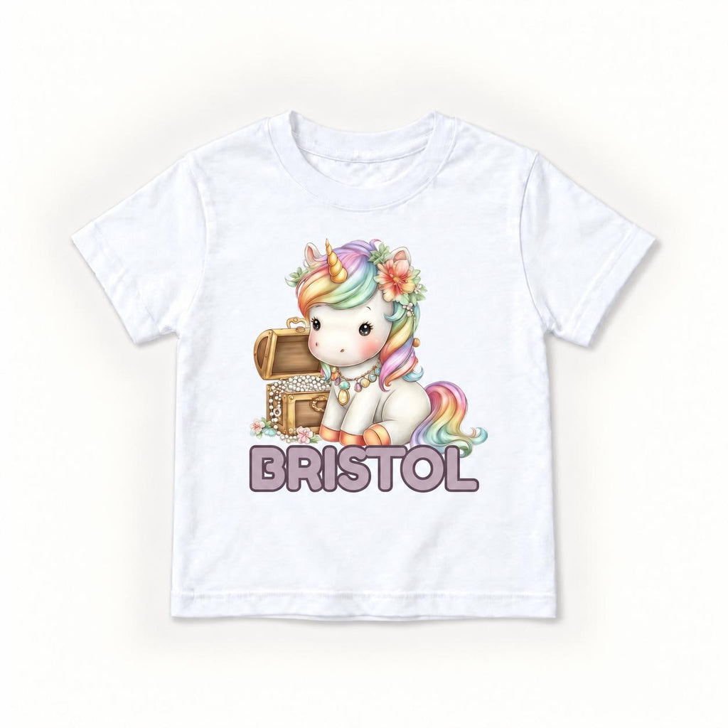 Personalized Unicorn — Rainbow Unicorn and Treasure Chest — garment mockup or size chart