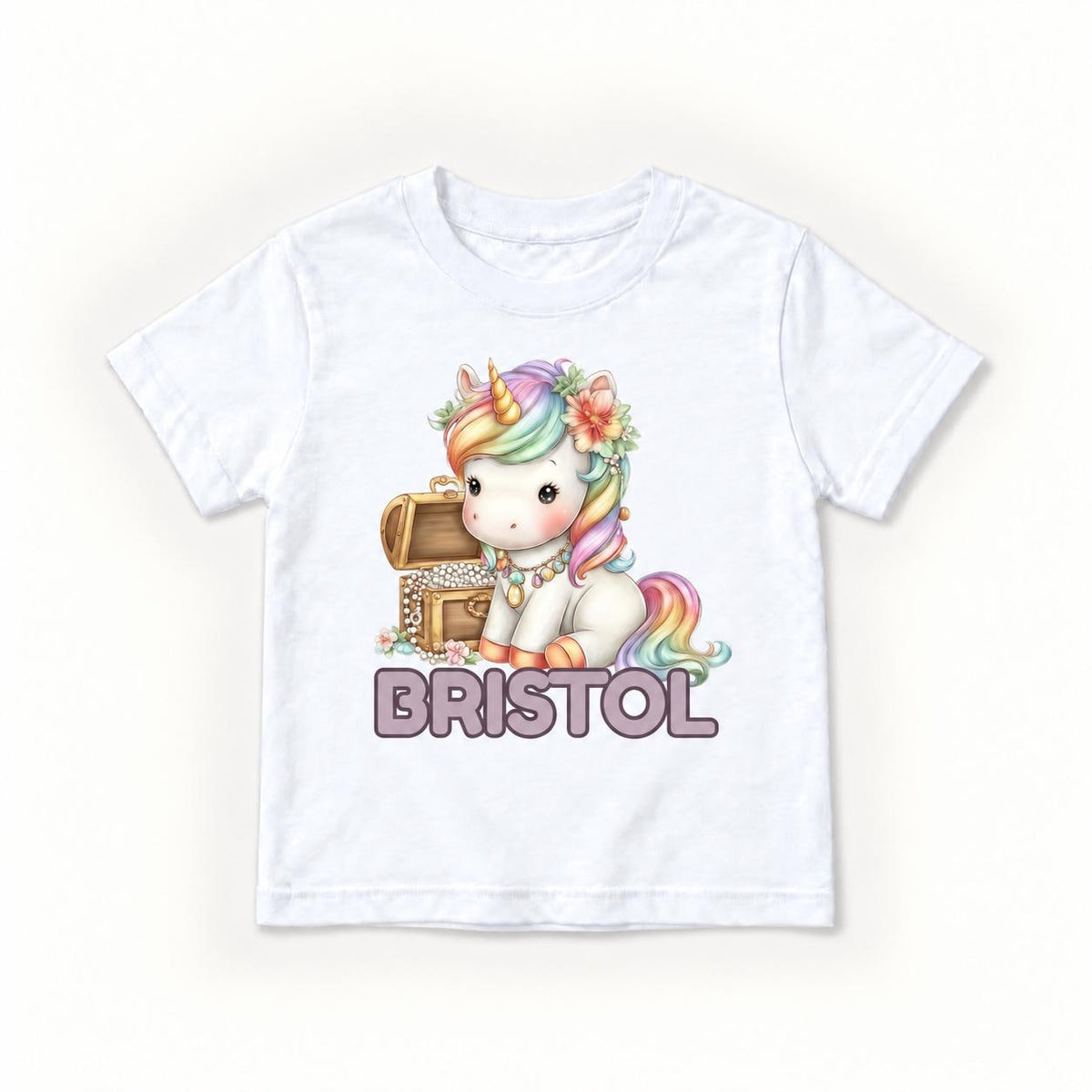 Personalized Unicorn — Rainbow Unicorn and Treasure Chest — garment mockup or size chart