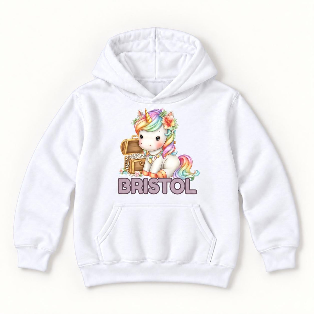Personalized Unicorn — Rainbow Unicorn and Treasure Chest — garment mockup or size chart