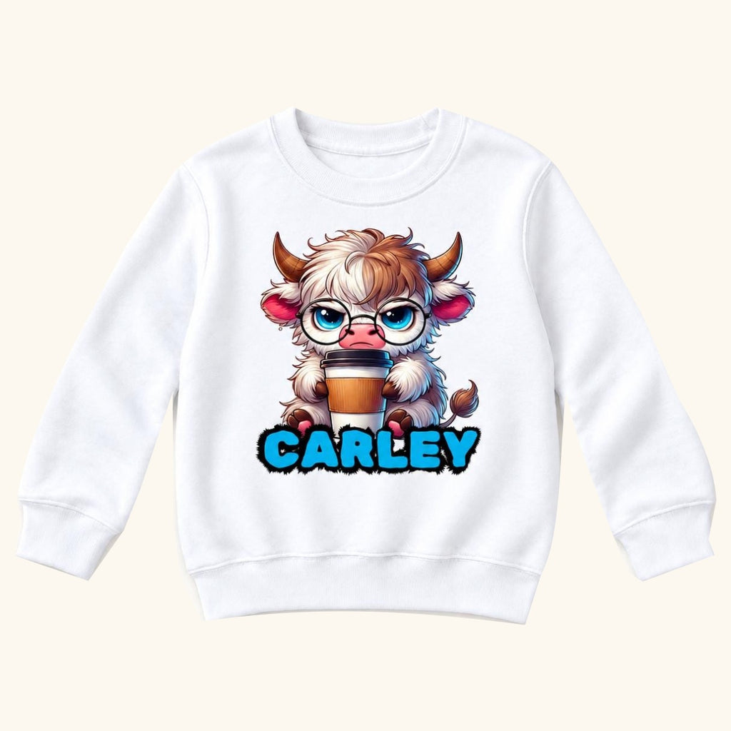 Personalized Highland Cow — Cute Cow with Glasses and Cup — garment mockup or size chart
