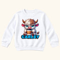 Personalized Highland Cow — Cute Cow with Glasses and Cup — garment mockup or size chart