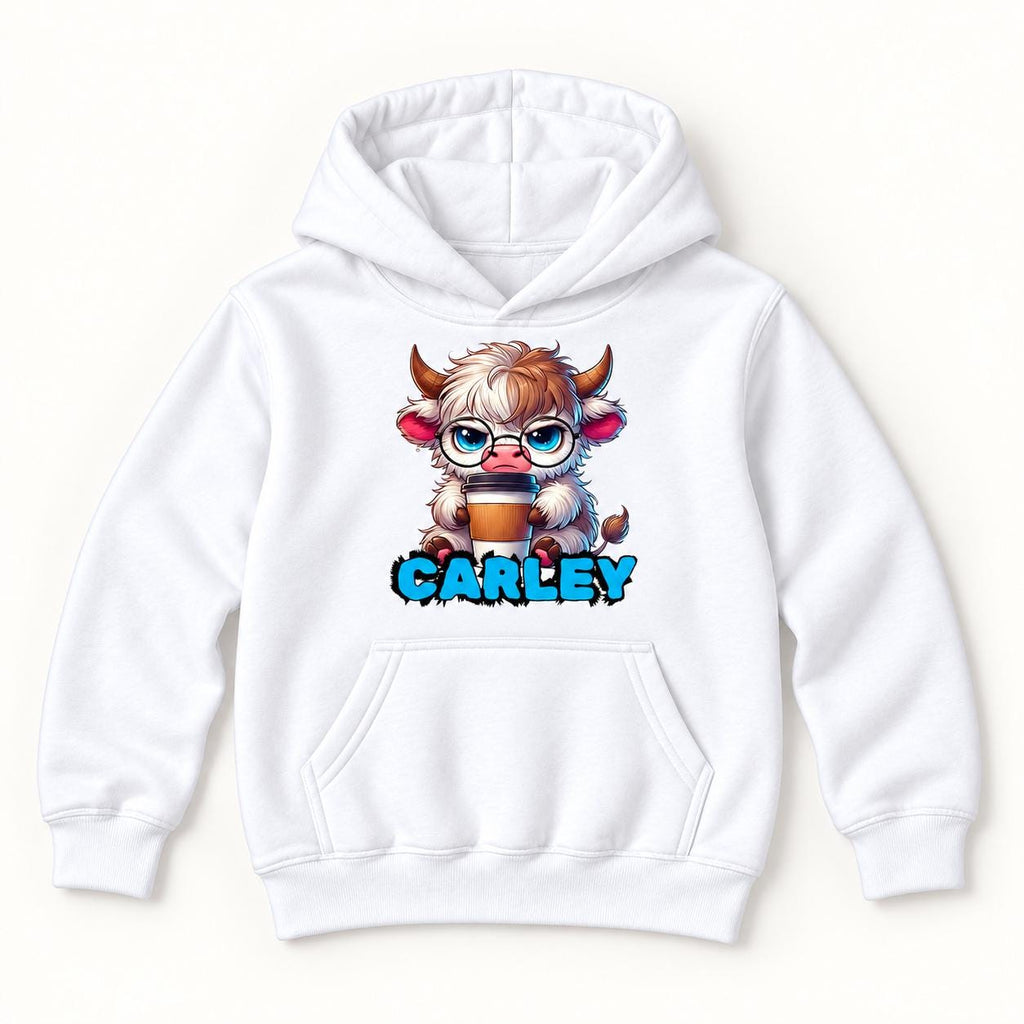 Personalized Highland Cow — Cute Cow with Glasses and Cup — garment mockup or size chart