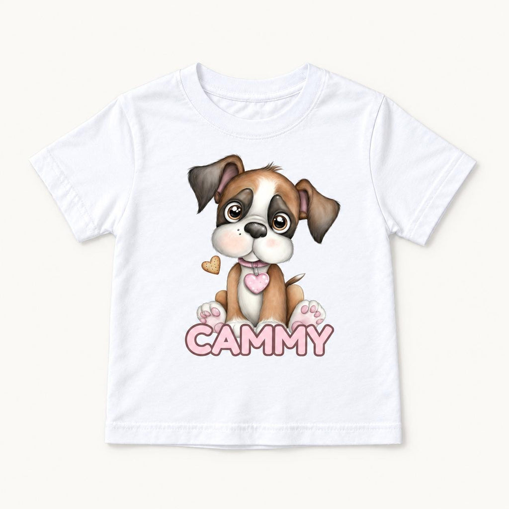 Personalized Puppy — Cute Dog with Pink Heart Collar — garment mockup or size chart