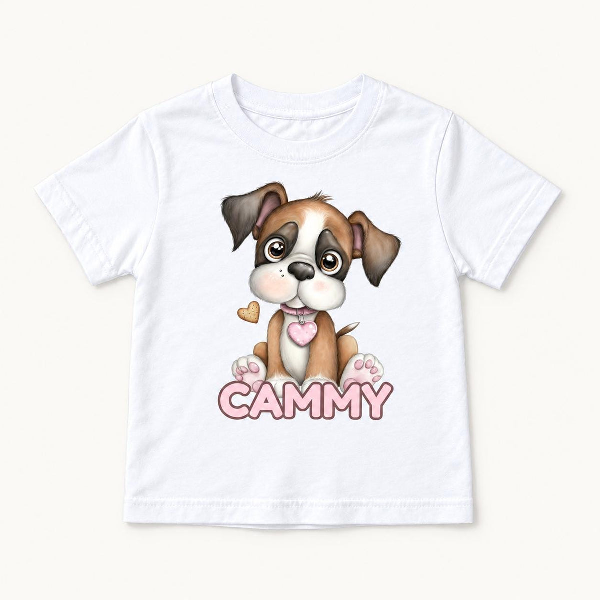 Personalized Puppy — Cute Dog with Pink Heart Collar — garment mockup or size chart