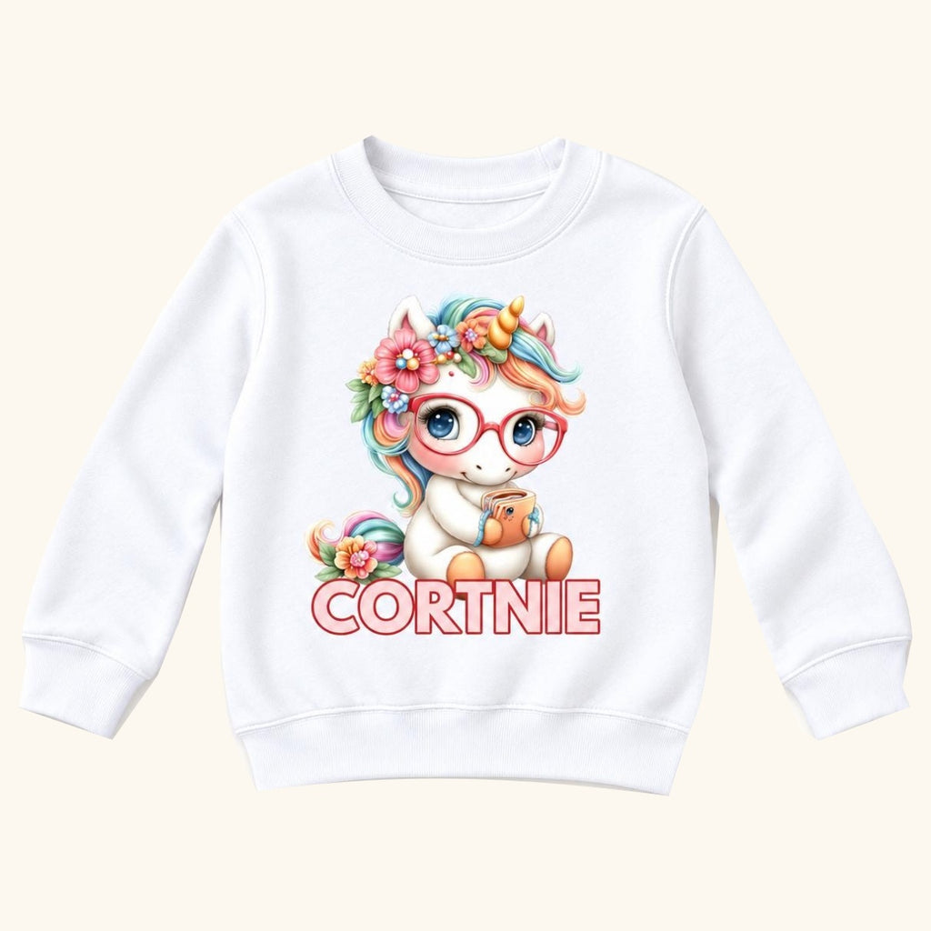 Personalized Unicorn — Floral Rainbow Mane Red Glasses — garment mockup or size chart