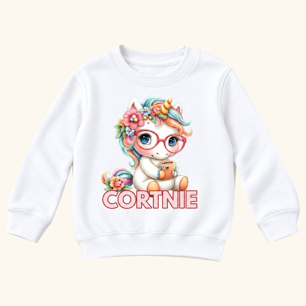 Personalized Unicorn — Floral Rainbow Mane Red Glasses — garment mockup or size chart