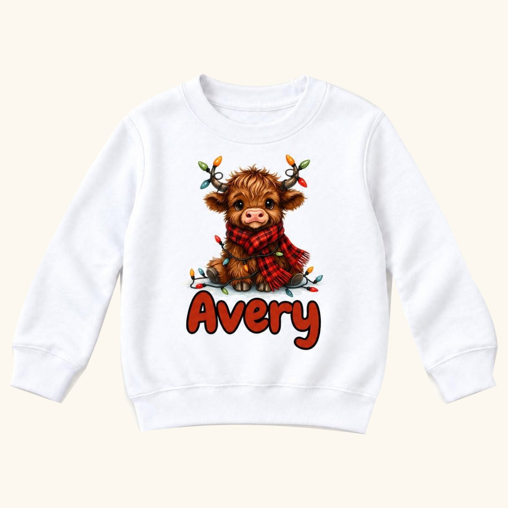 Personalized Christmas Highland Cow — garment mockup or size chart