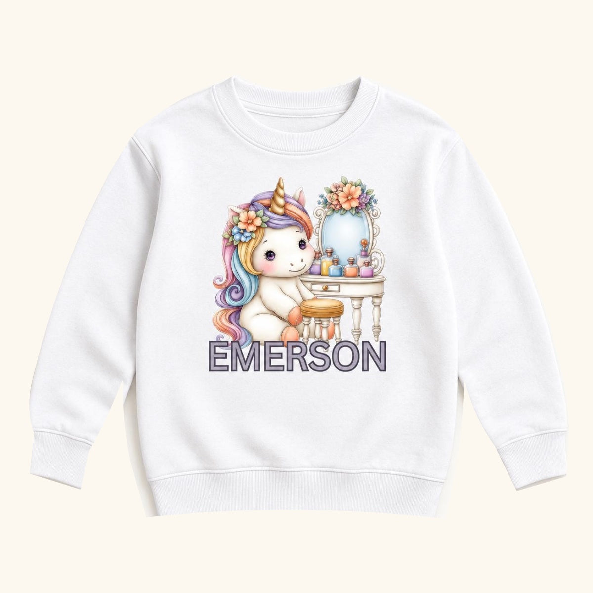 Personalized Unicorn Vanity — garment mockup or size chart