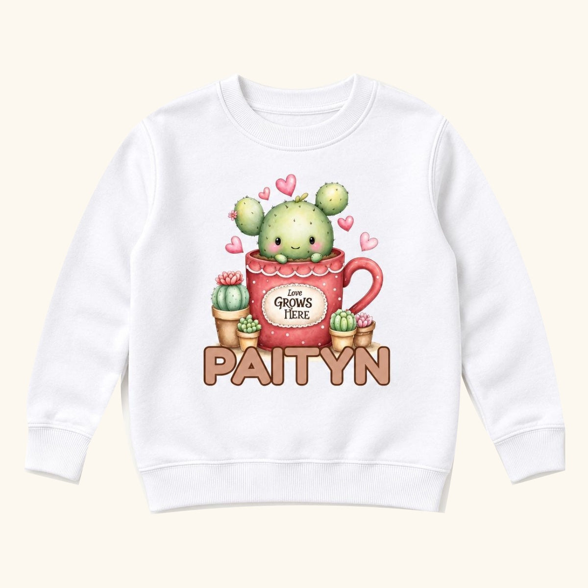 Personalized Cactus — Love Grows Here Succulent Mug Custom Name — garment mockup or size chart