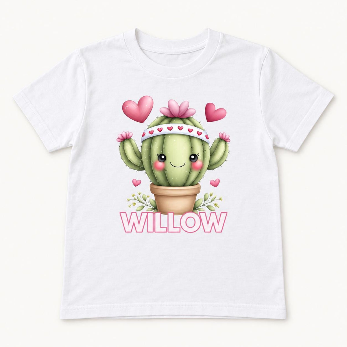 Personalized Cactus — Pink Hearts Succulent Custom Name Graphic — garment mockup or size chart