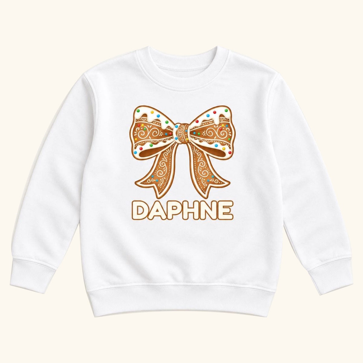 Personalized Gingerbread Bow — garment mockup or size chart