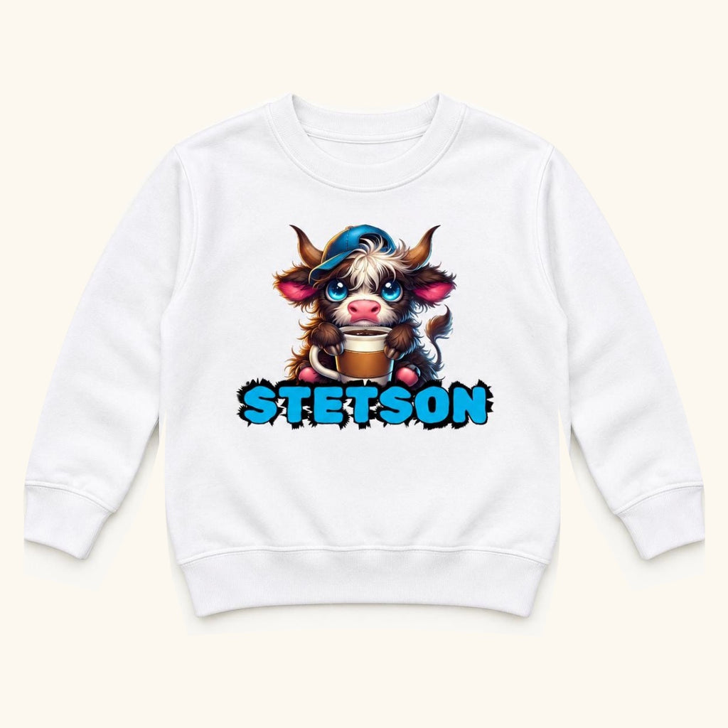 Personalized Highland Cow — Custom Name Calf with Blue Cap and Mug — garment mockup or size chart