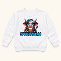 Personalized Highland Cow — Custom Name Calf with Blue Cap and Mug — garment mockup or size chart
