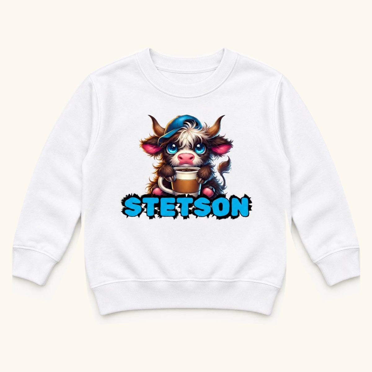 Personalized Highland Cow — Custom Name Calf with Blue Cap and Mug — garment mockup or size chart