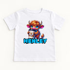 Personalized Highland Cow — Custom Name Colorful Cow with Daisy Coffee Cup — garment mockup or size chart