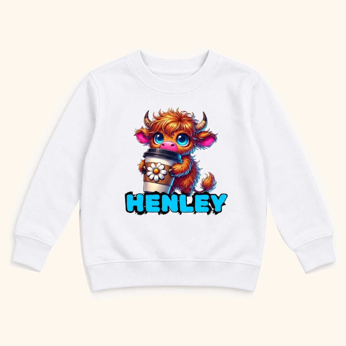 Personalized Highland Cow — Custom Name Colorful Cow with Daisy Coffee Cup — garment mockup or size chart