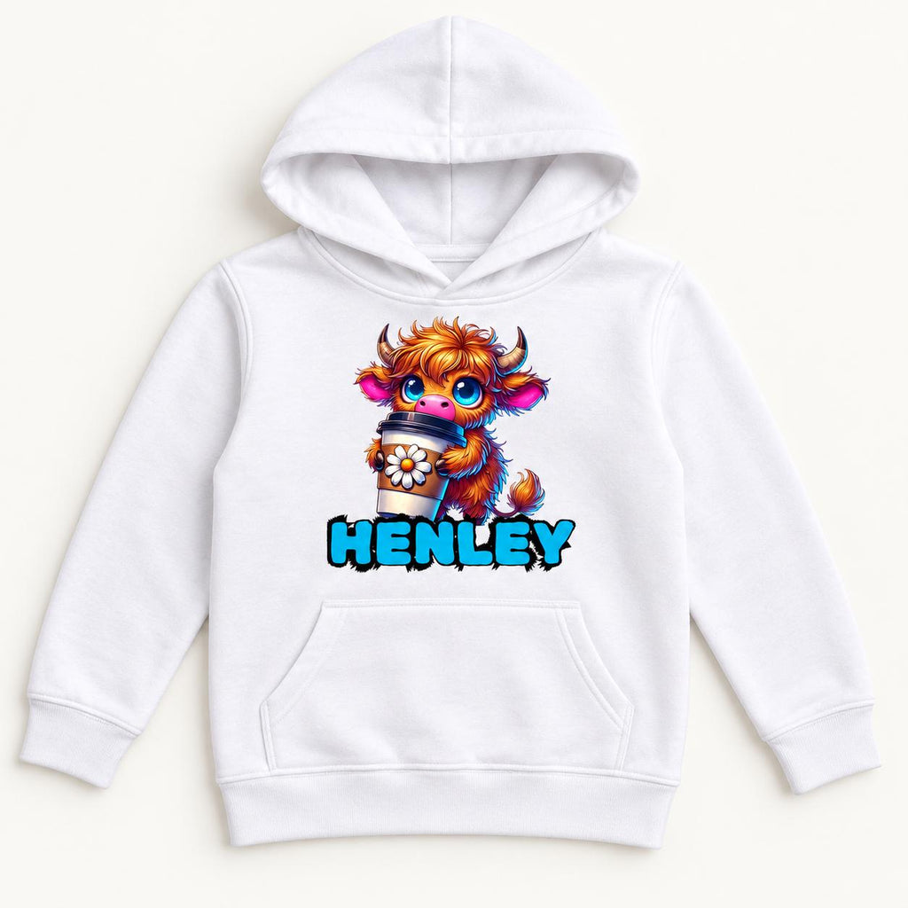 Personalized Highland Cow — Custom Name Colorful Cow with Daisy Coffee Cup — garment mockup or size chart