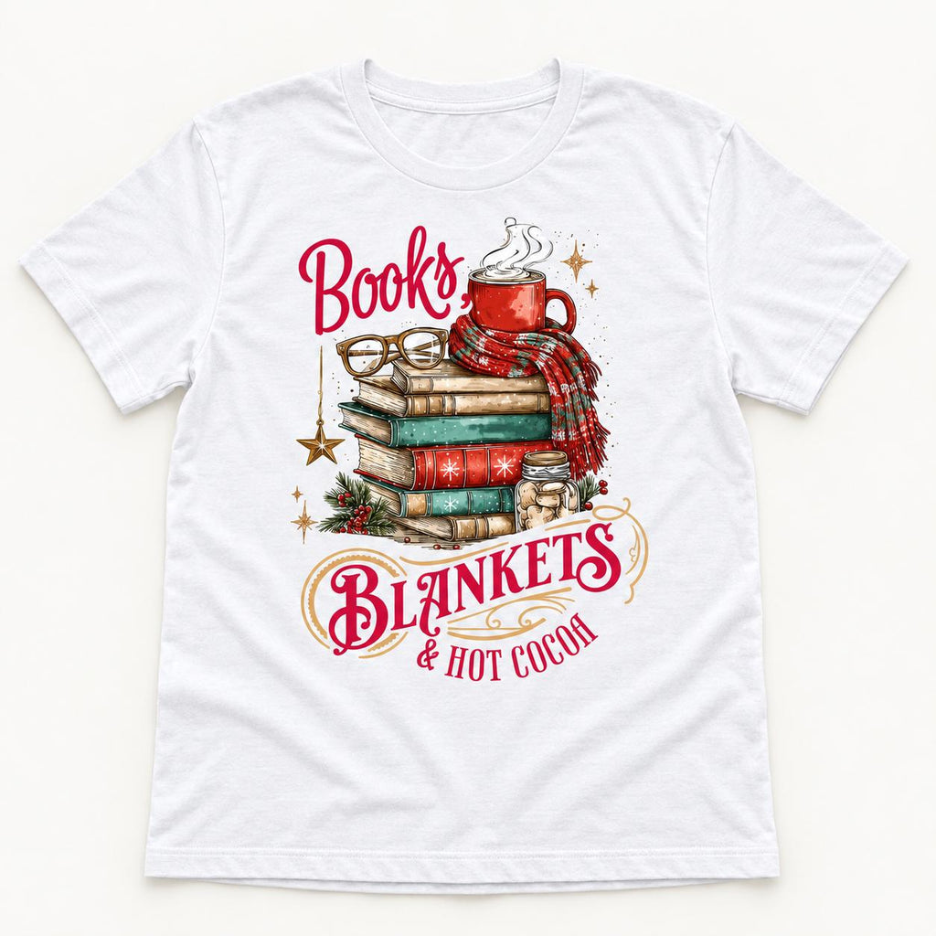 Books Blankets and Hot Cocoa — garment mockup or size chart