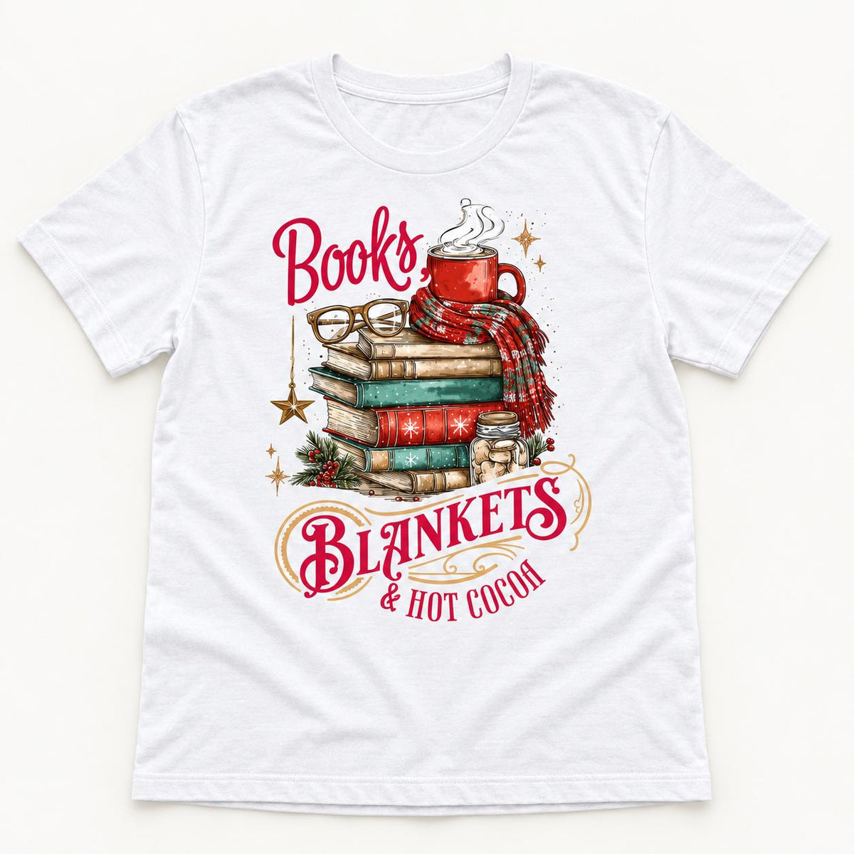 Books Blankets and Hot Cocoa — garment mockup or size chart