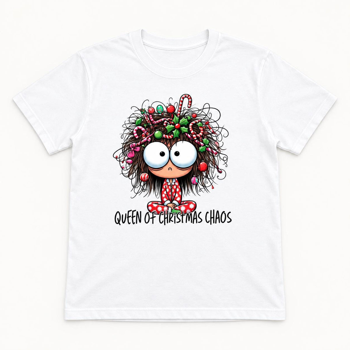 Queen of Christmas Chaos — garment mockup or size chart