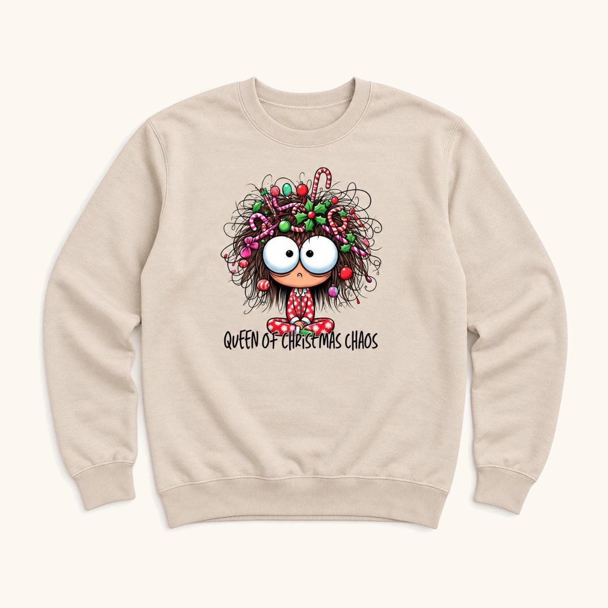 Queen of Christmas Chaos — garment mockup or size chart