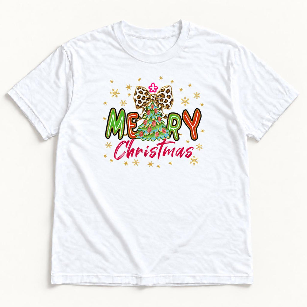 Merry Christmas Tree and Leopard Bow — garment mockup or size chart